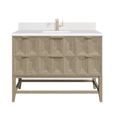 James Martin Vanities 48'' Single Vanity, Pebble Oak w/ Single Hole 3 CM White Zeus Quartz Top & Backsplash D100-V48-PBO-1WZ